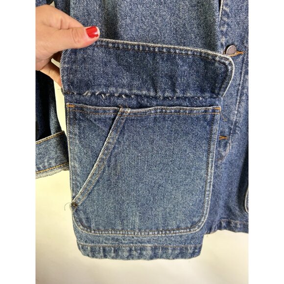 Vintage 90s Leather Collar Denim Jean Trucker Jacket Barn Chore Coat - Picture 6 of 13